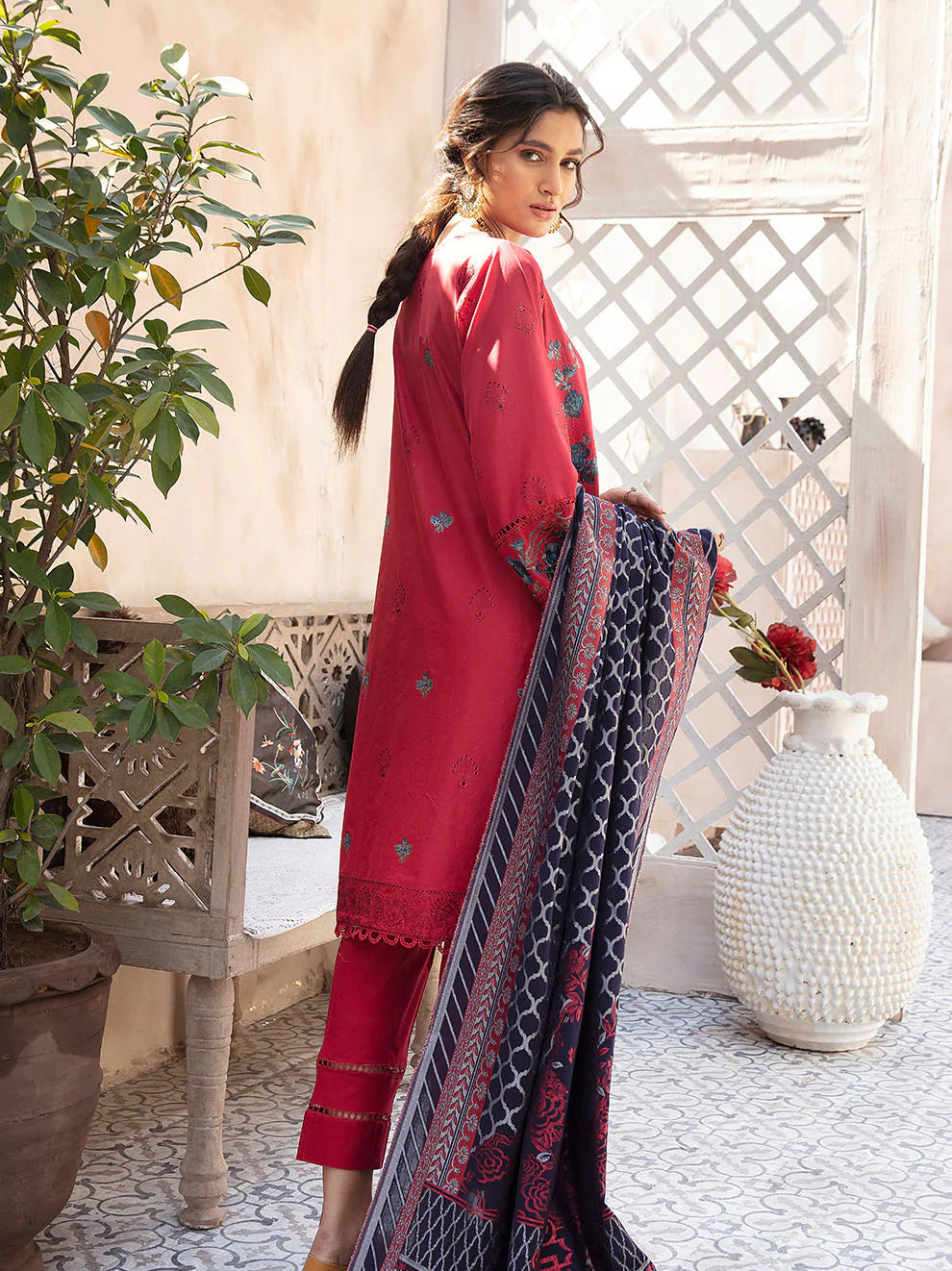 Magenta Embroidered Cotton Suit - Set of 3