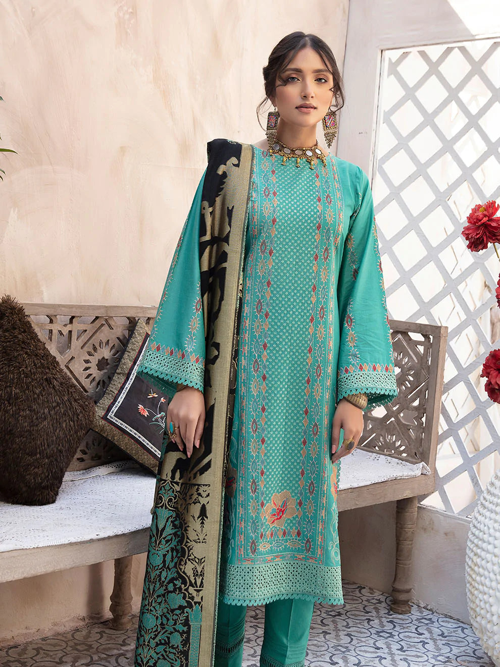Green Embroidered Cotton Suit - Set of 3