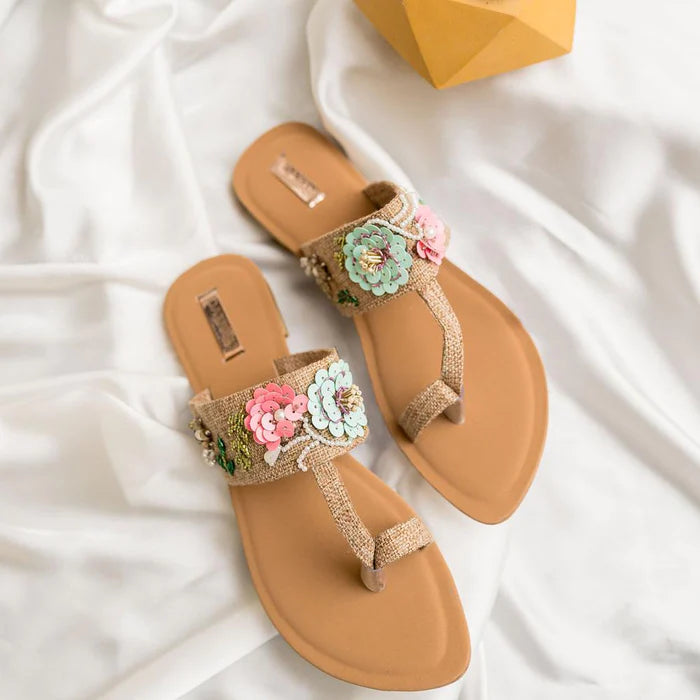 Brown Embroidered Leather Flats