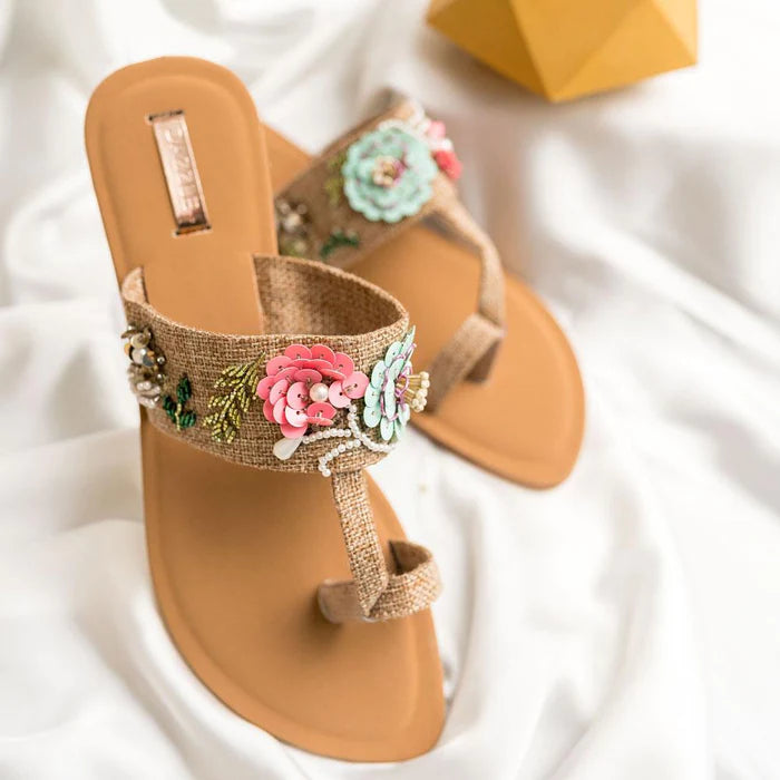 Brown Embroidered Leather Flats