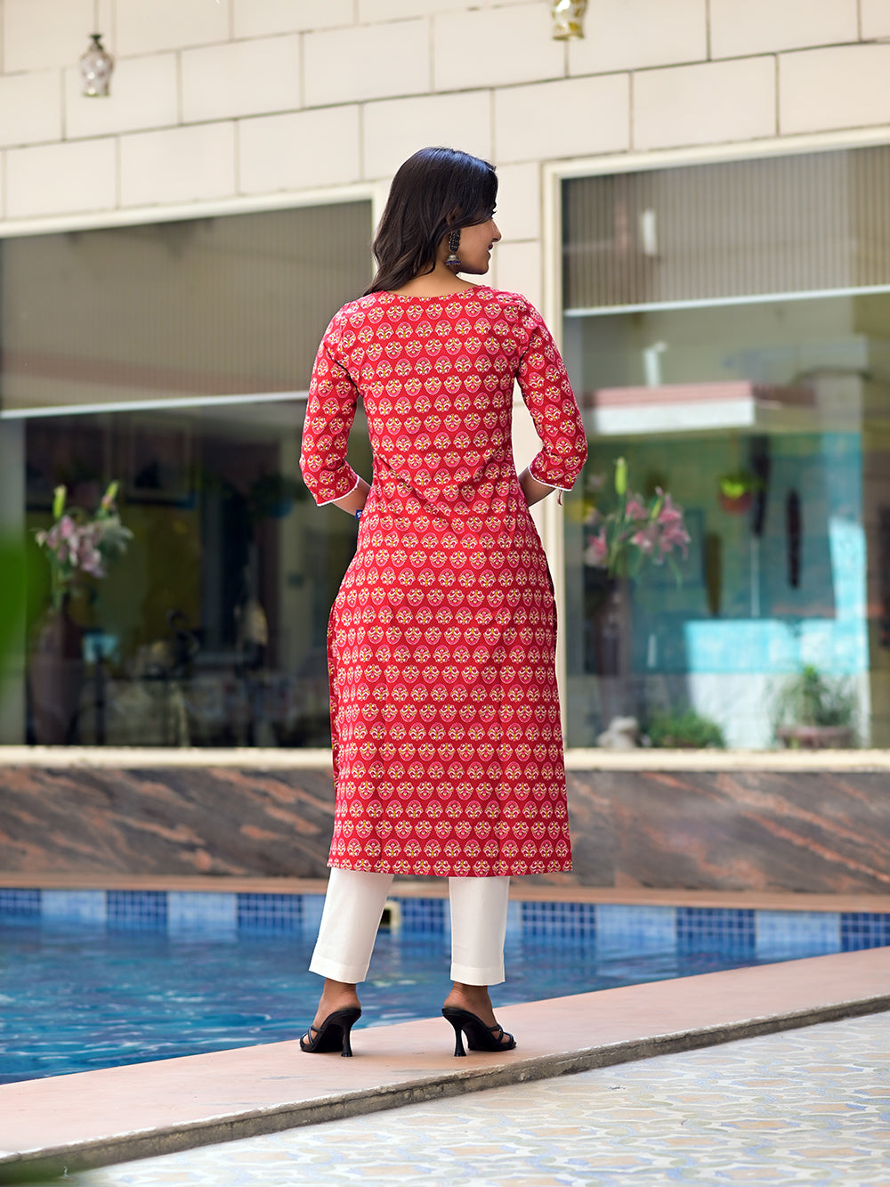 Red Cotton Straight Kurta with White Pants- Sets of 2