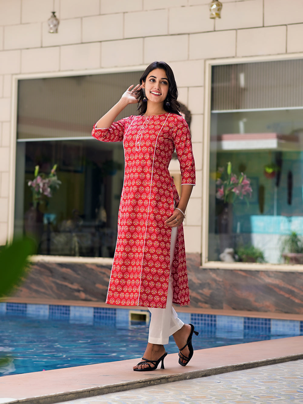 Red Cotton Straight Kurta with White Pants- Sets of 2