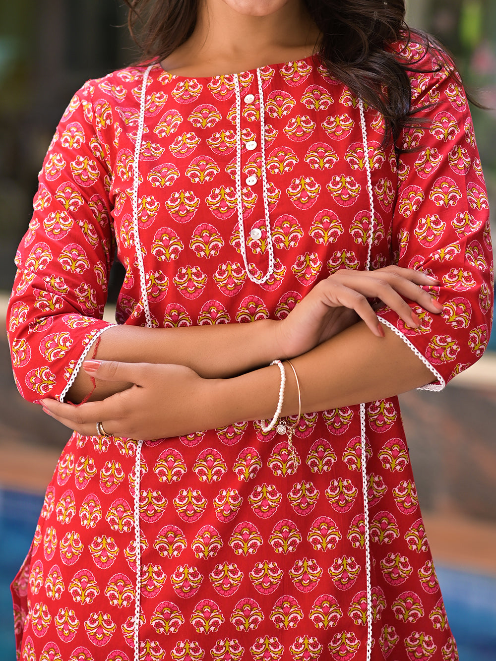 Red Cotton Straight Kurta with White Pants- Sets of 2