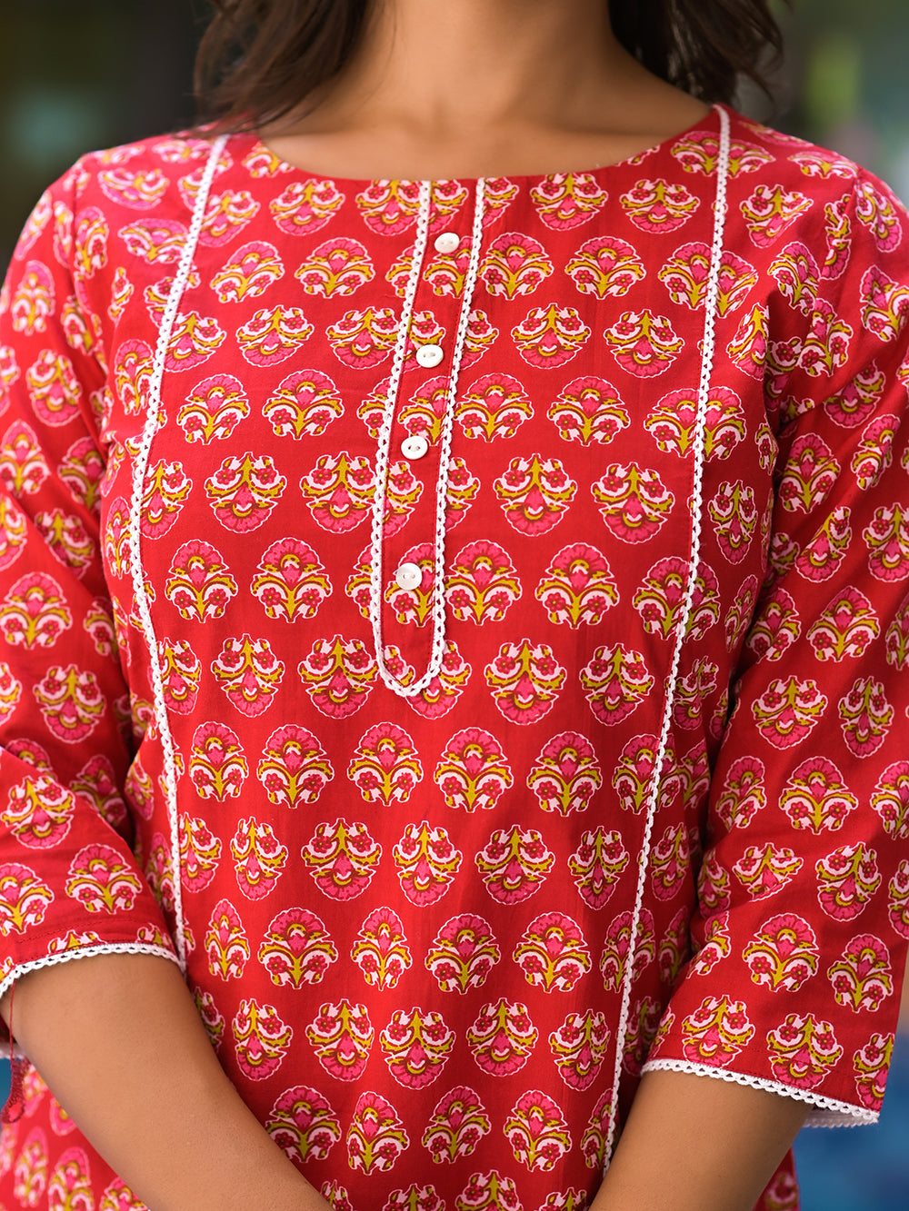 Red Cotton Straight Kurta with White Pants- Sets of 2