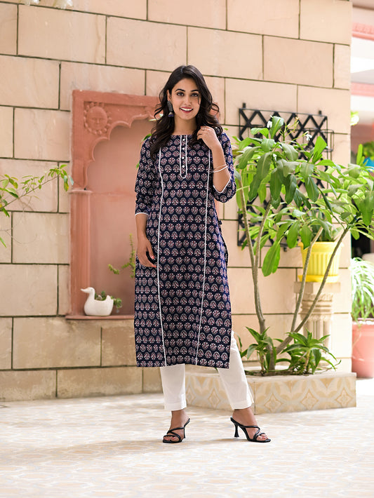 Black Cotton Printed Straight Kurta with Pants- Set of 2