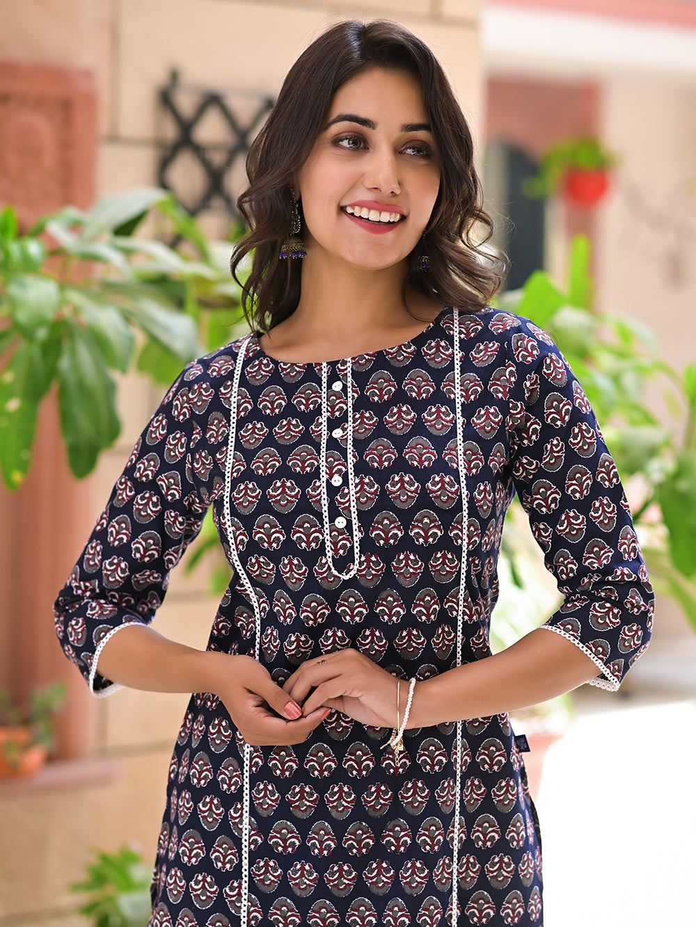 Black Cotton Printed Straight Kurta with Pants- Set of 2