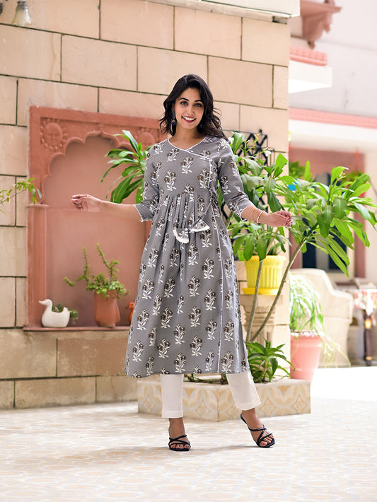 Grey Cotton Block Printed Angrakha Kurta with White Pants- Set of 2