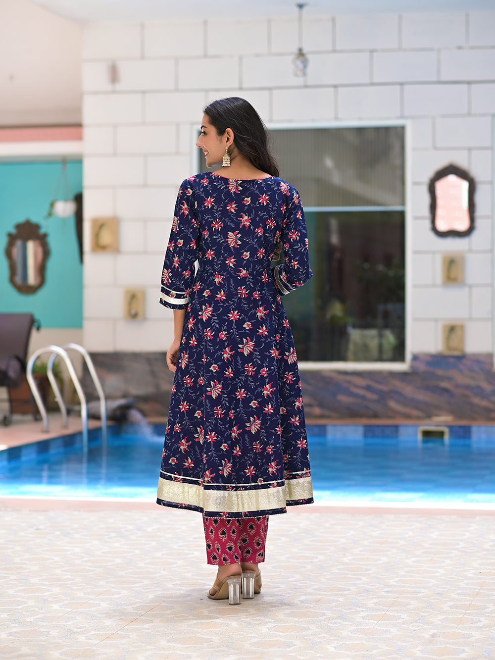 Blue Pink Cotton Jaal Printed Anarkali Suit With Block Printed Dupatta - Set of 3