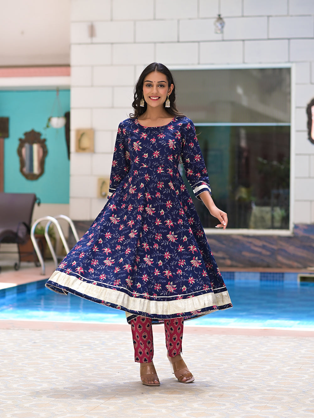 Blue Pink Cotton Jaal Printed Anarkali Suit With Block Printed Dupatta - Set of 3