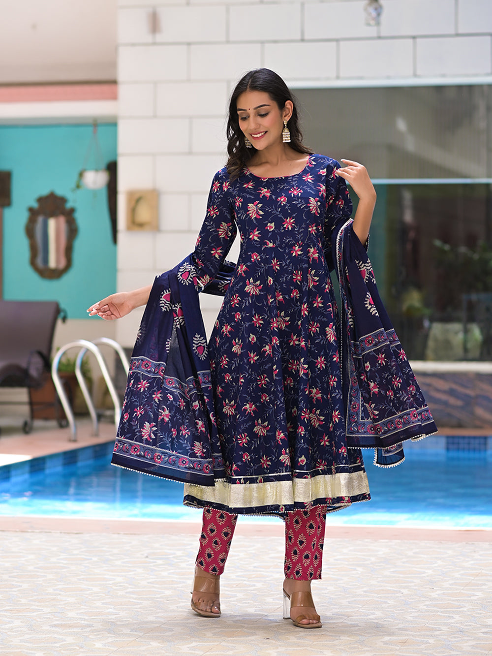 Blue Pink Cotton Jaal Printed Anarkali Suit With Block Printed Dupatta - Set of 3