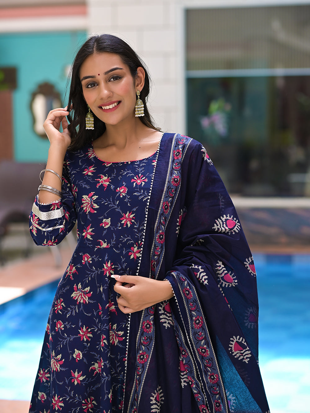 Blue Pink Cotton Jaal Printed Anarkali Suit With Block Printed Dupatta - Set of 3