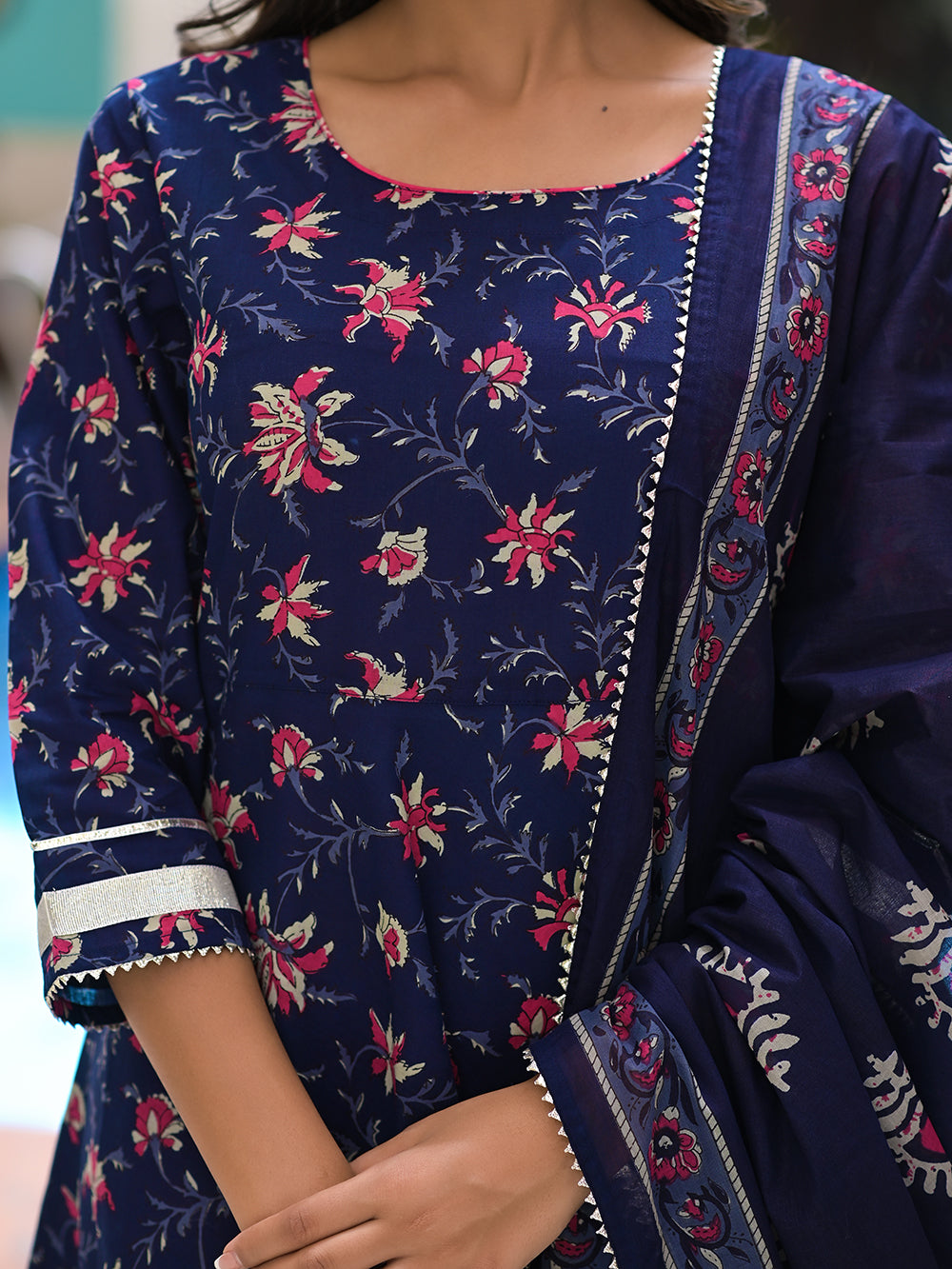 Blue Pink Cotton Jaal Printed Anarkali Suit With Block Printed Dupatta - Set of 3