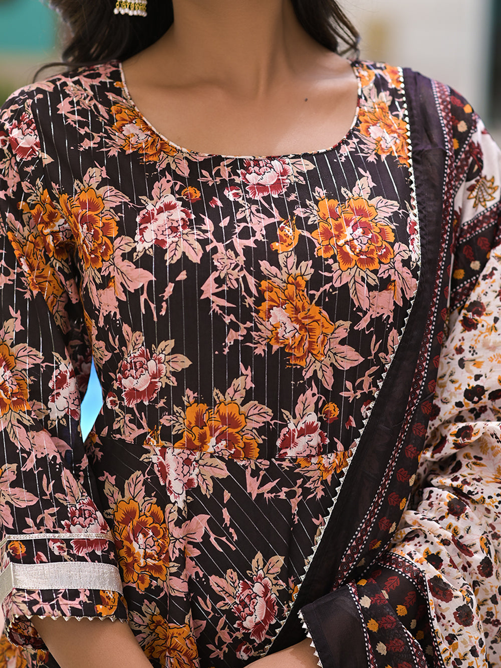 Black Lurex Cotton Jaal Printed Anarkali Suit With Block Printed Dupatta - Set of 3