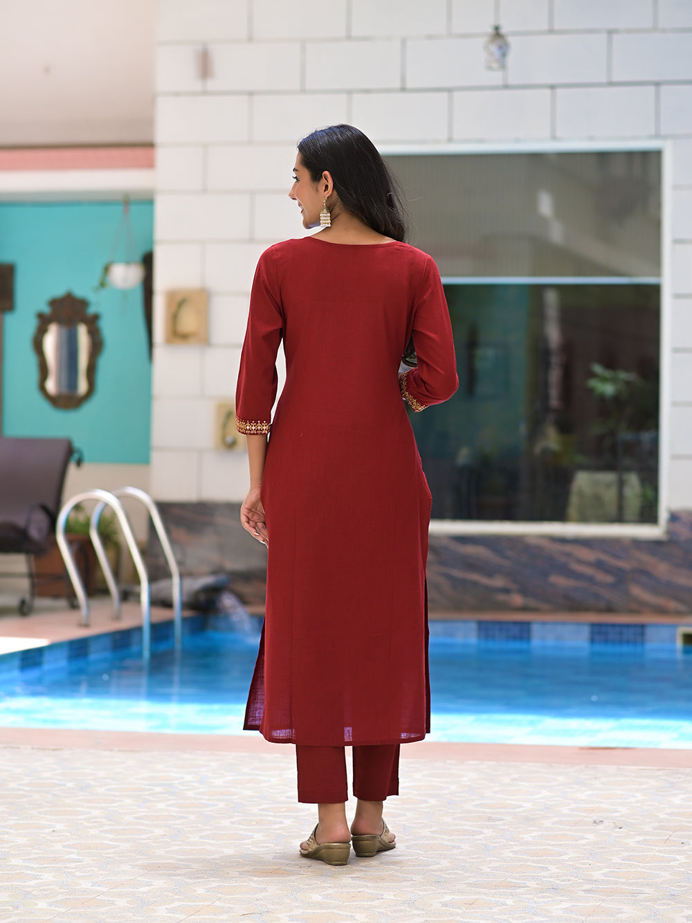 Maroon Embroidered Cotton Suit with Chiffon Dupatta - Set of 3