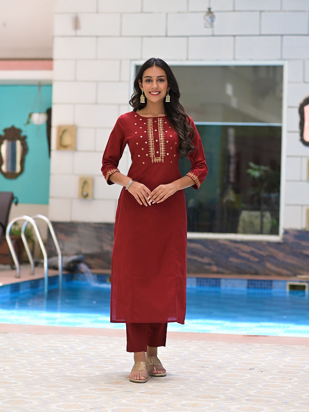 Maroon Embroidered Cotton Suit with Chiffon Dupatta - Set of 3