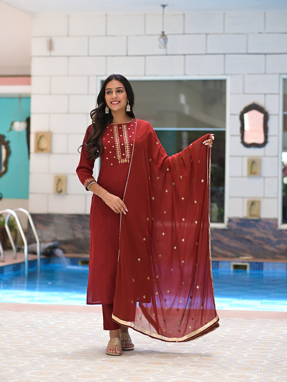 Maroon Embroidered Cotton Suit with Chiffon Dupatta - Set of 3