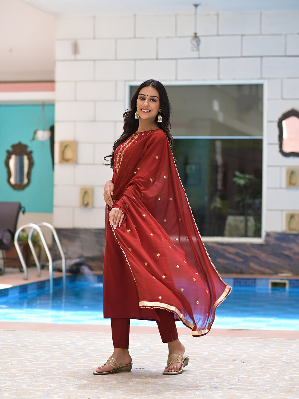 Maroon Embroidered Cotton Suit with Chiffon Dupatta - Set of 3