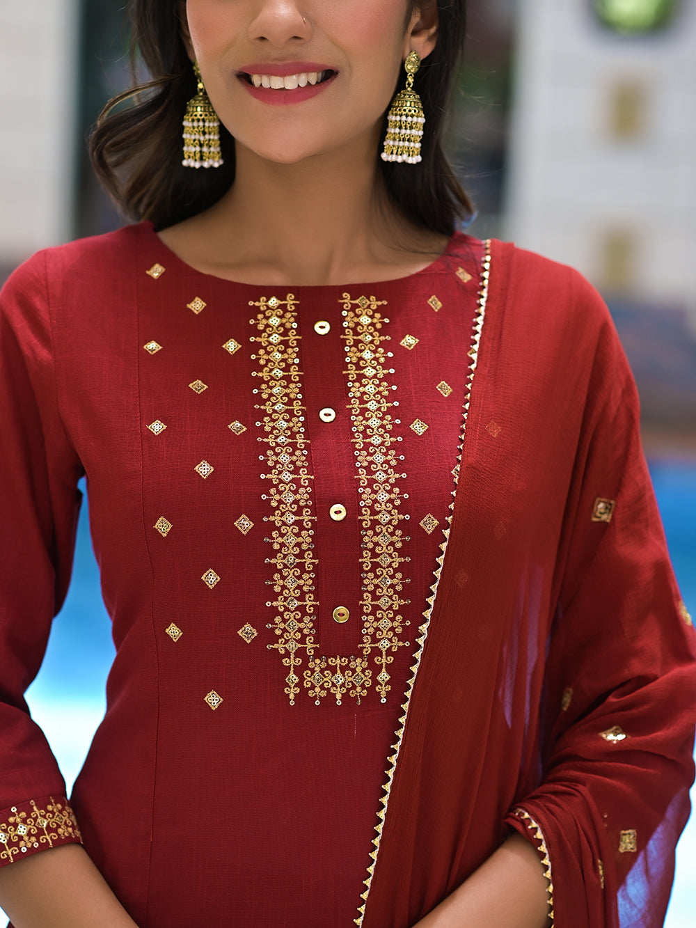 Maroon Embroidered Cotton Suit with Chiffon Dupatta - Set of 3