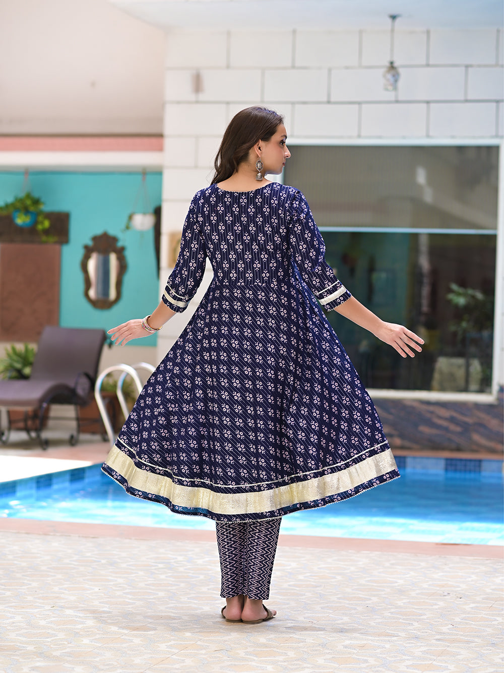 Blue White Printed Cotton Lurex Anarkali Suit with Block Printed Dupatta - Set of 3