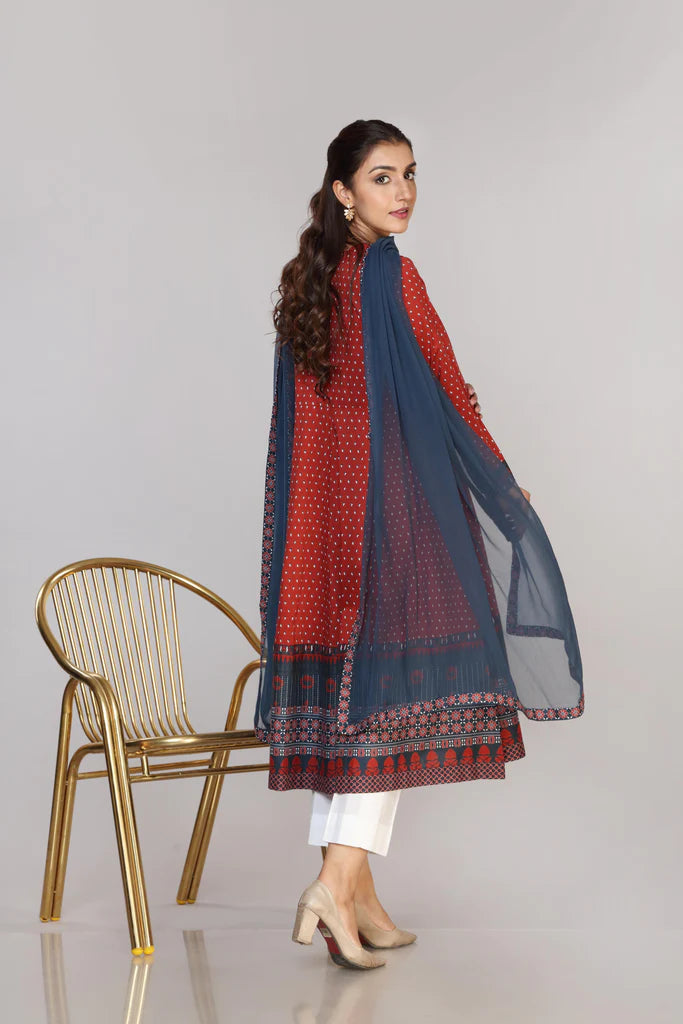 Red Printed Cotton Suit - Set of 3