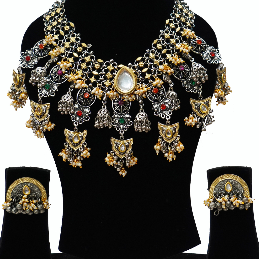 Golden Red Handcrafted Brass Necklace Set