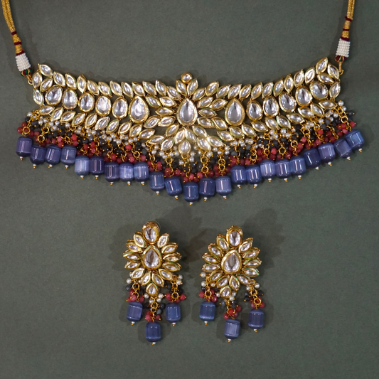 Blue Handcrafted Kundan Pear Bridal Necklace Set
