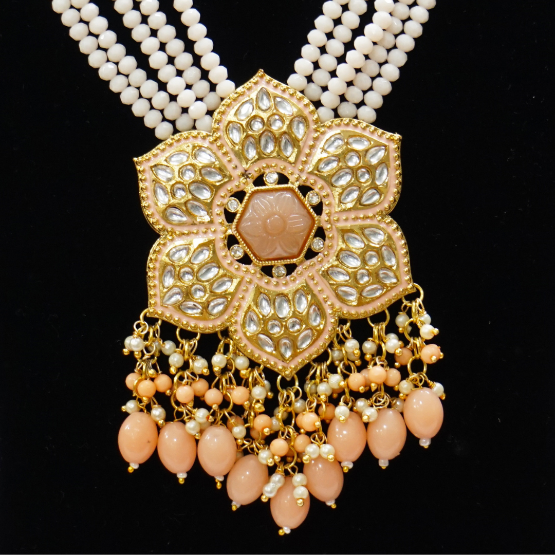 Peach Handcrafted Flower Brass Necklace Set