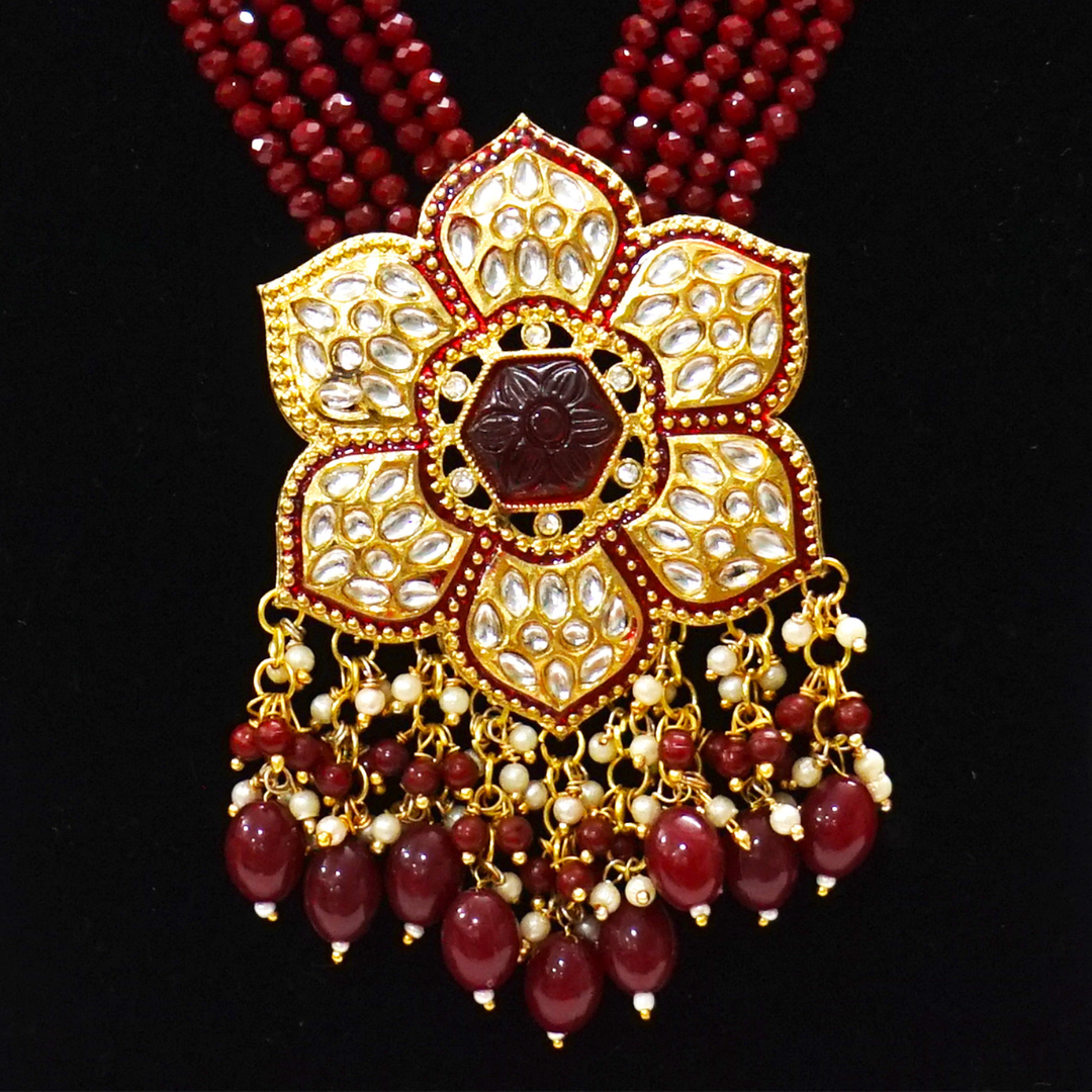 Maroon Handcrafted Flower Brass Necklace Set