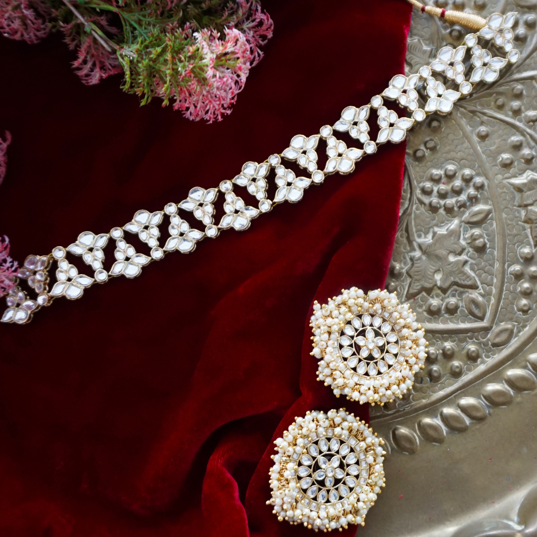 White Handcrafted Brass Kundan Choker Set