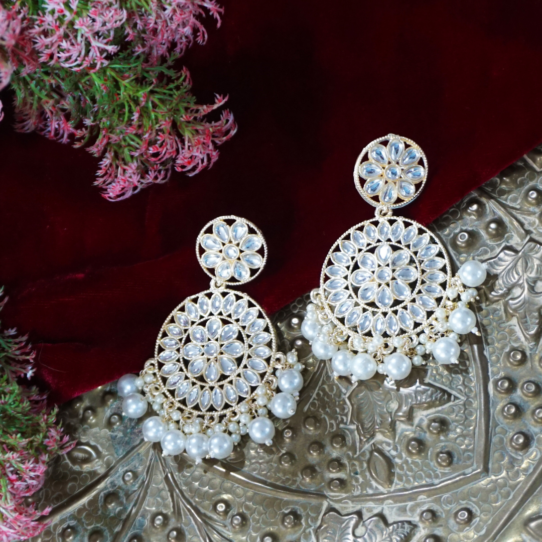White Handcrafted Kundan Chandbali Earrings – cottonchalk