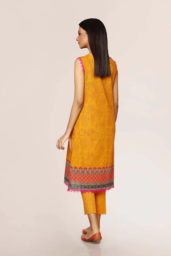 Yellow Printed Cotton Kurta with Pants - Set of 2