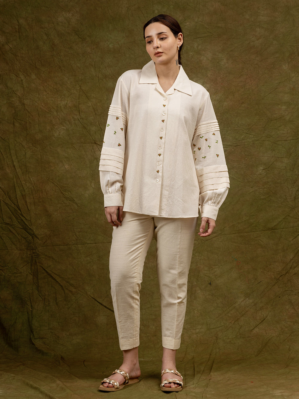 Off White Embroidered Khadi Cotton shirt