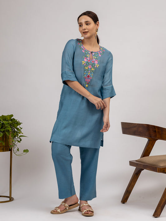 Teal Blue Embroidered Maheshwari silk Kurta