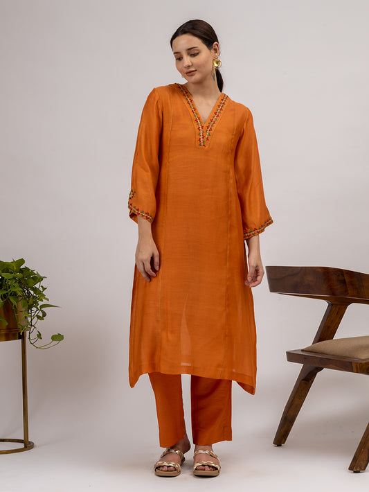 Rust Maheshwari silk Kurta