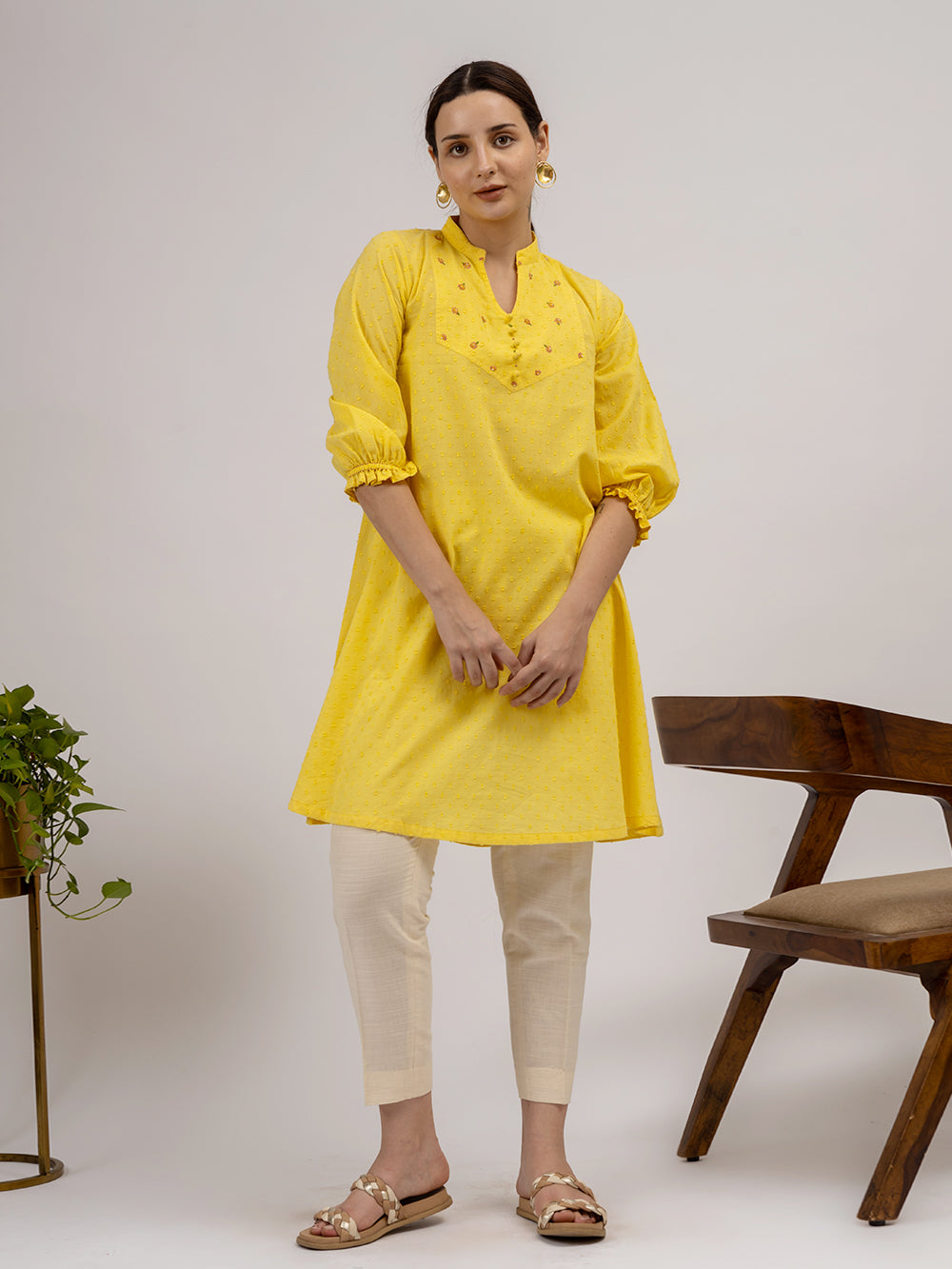 Yellow Cotton Dobby Hand Embroidered Kurta