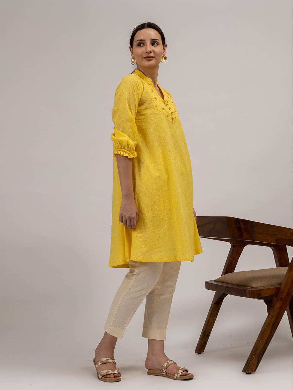 Yellow Cotton Dobby Hand Embroidered Kurta