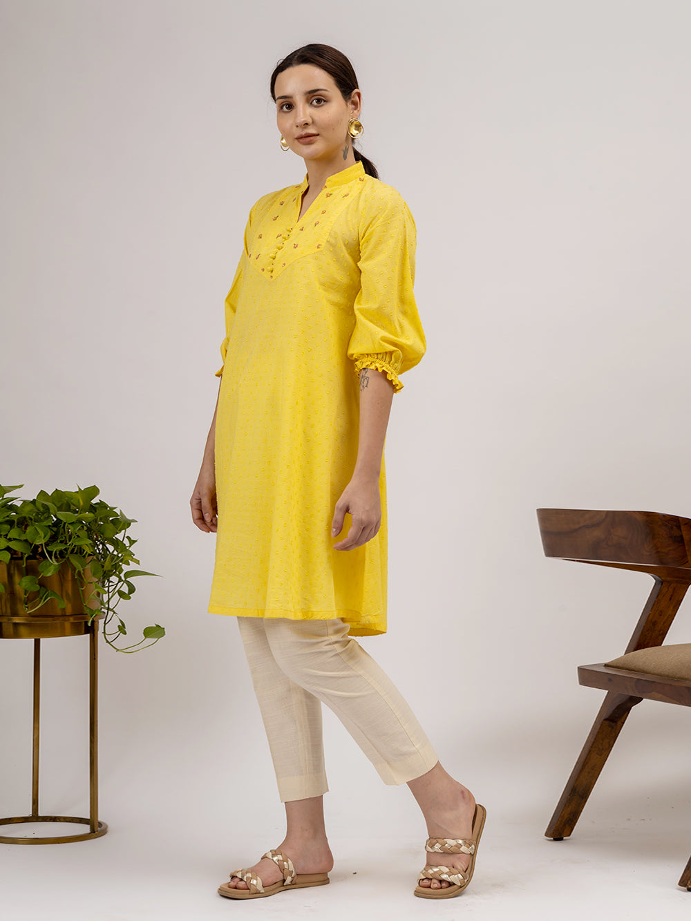 Yellow Cotton Dobby Hand Embroidered Kurta