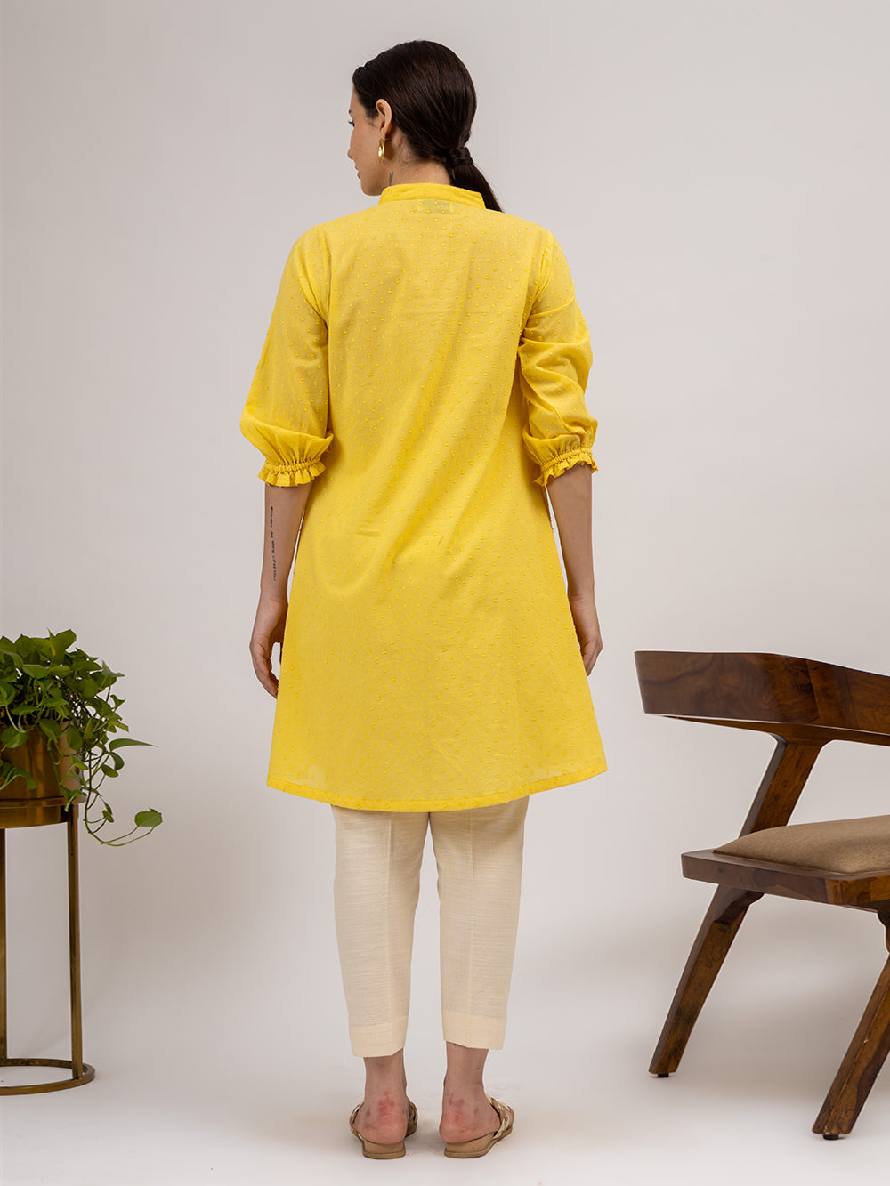 Yellow Cotton Dobby Hand Embroidered Kurta