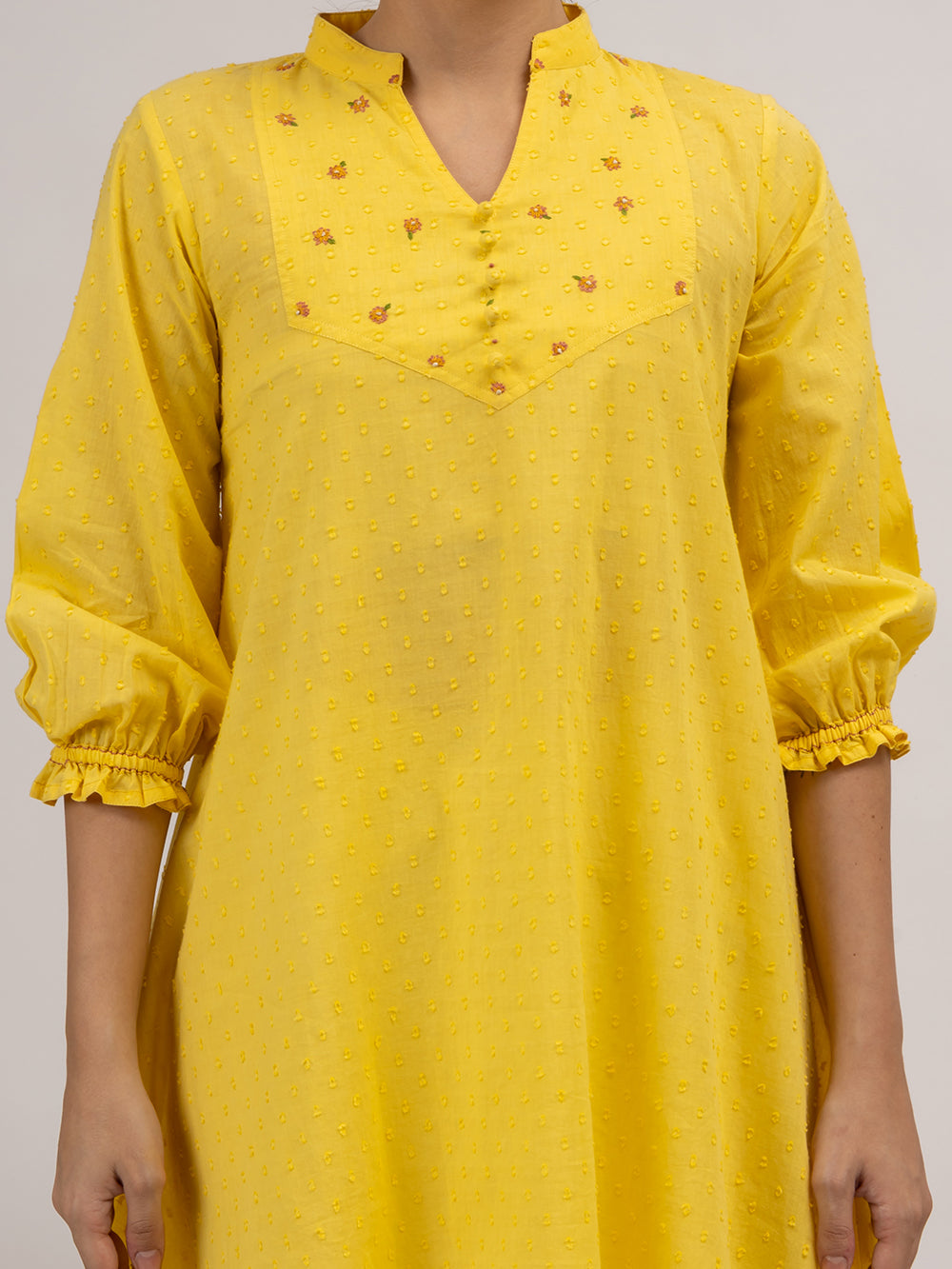 Yellow Cotton Dobby Hand Embroidered Kurta