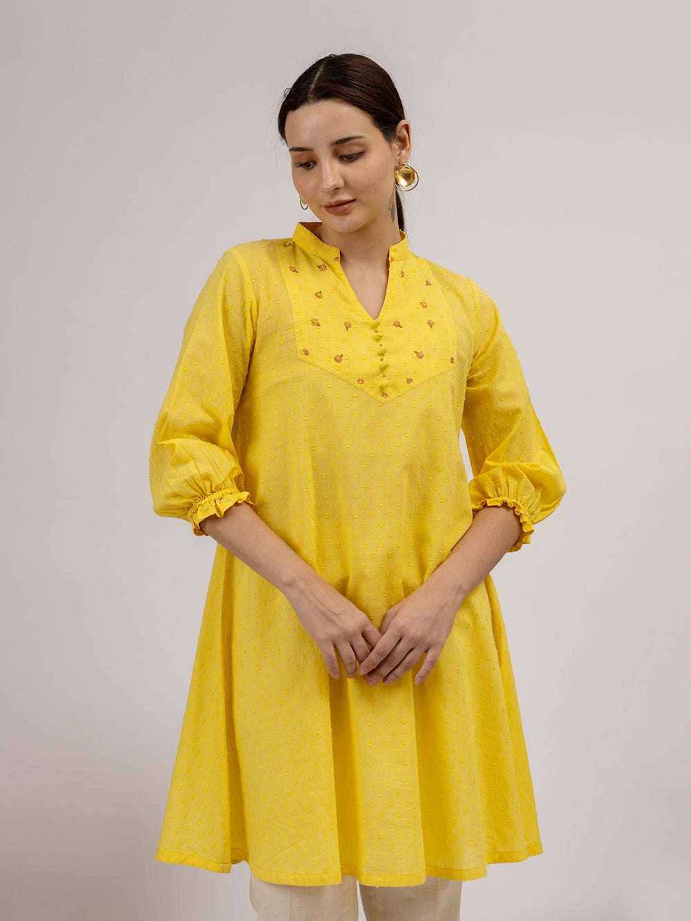 Yellow Cotton Dobby Hand Embroidered Kurta