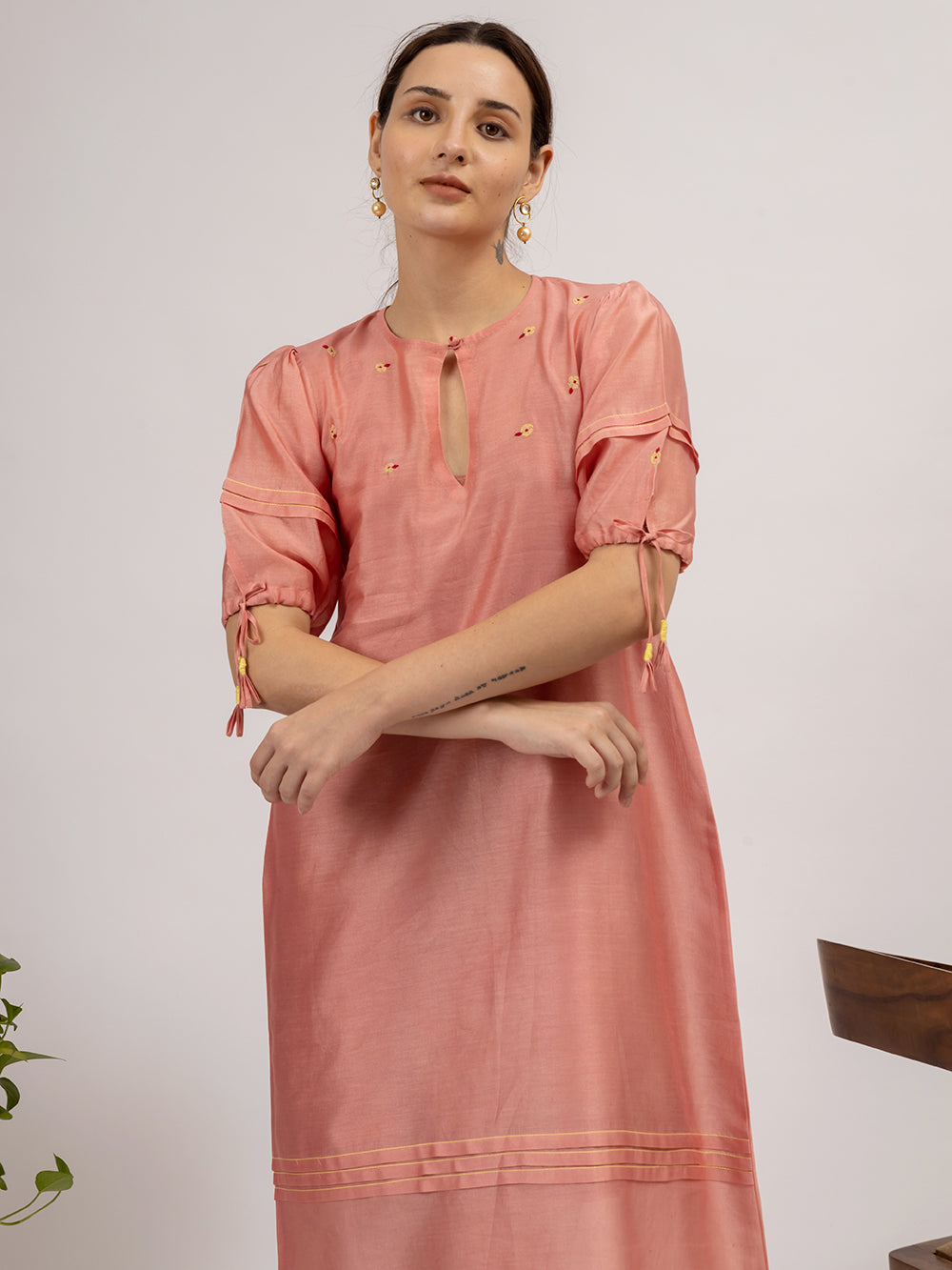 Pink Hand Embroidered Chanderi Kurta