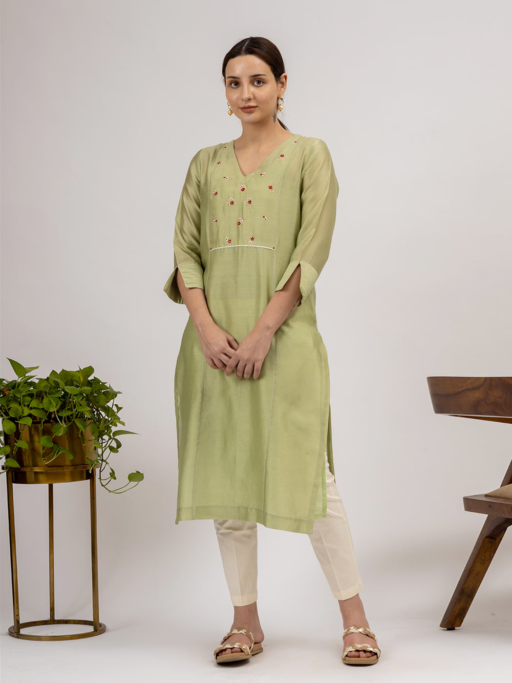 Green Chanderi Embroidered Kurta