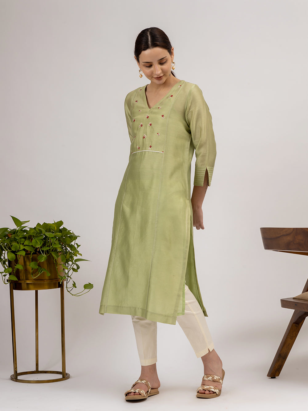 Green Chanderi Embroidered Kurta