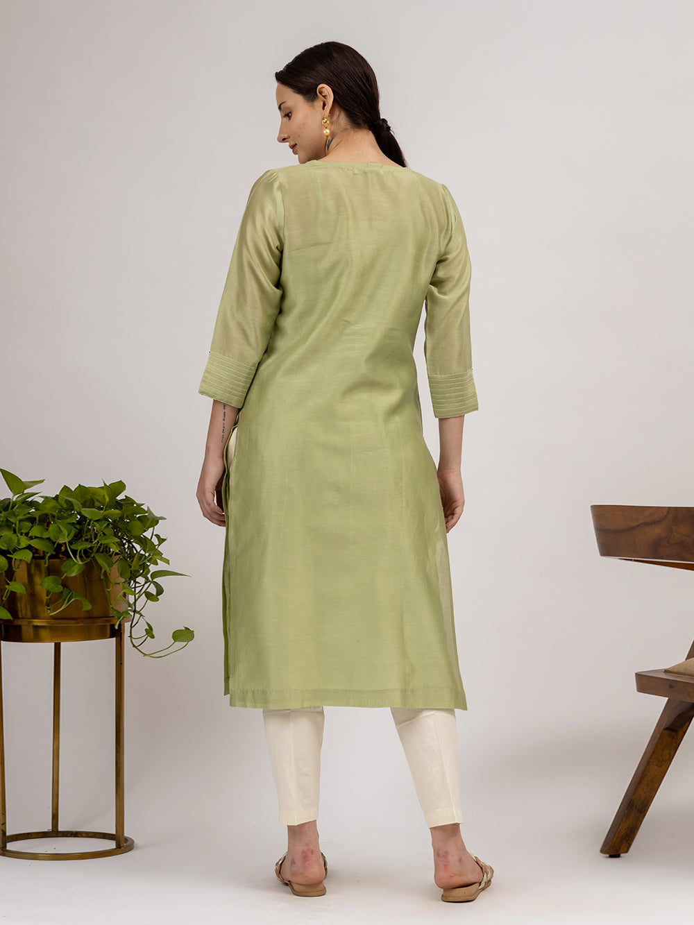 Green Chanderi Embroidered Kurta