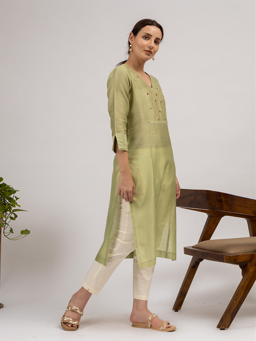 Green Chanderi Embroidered Kurta