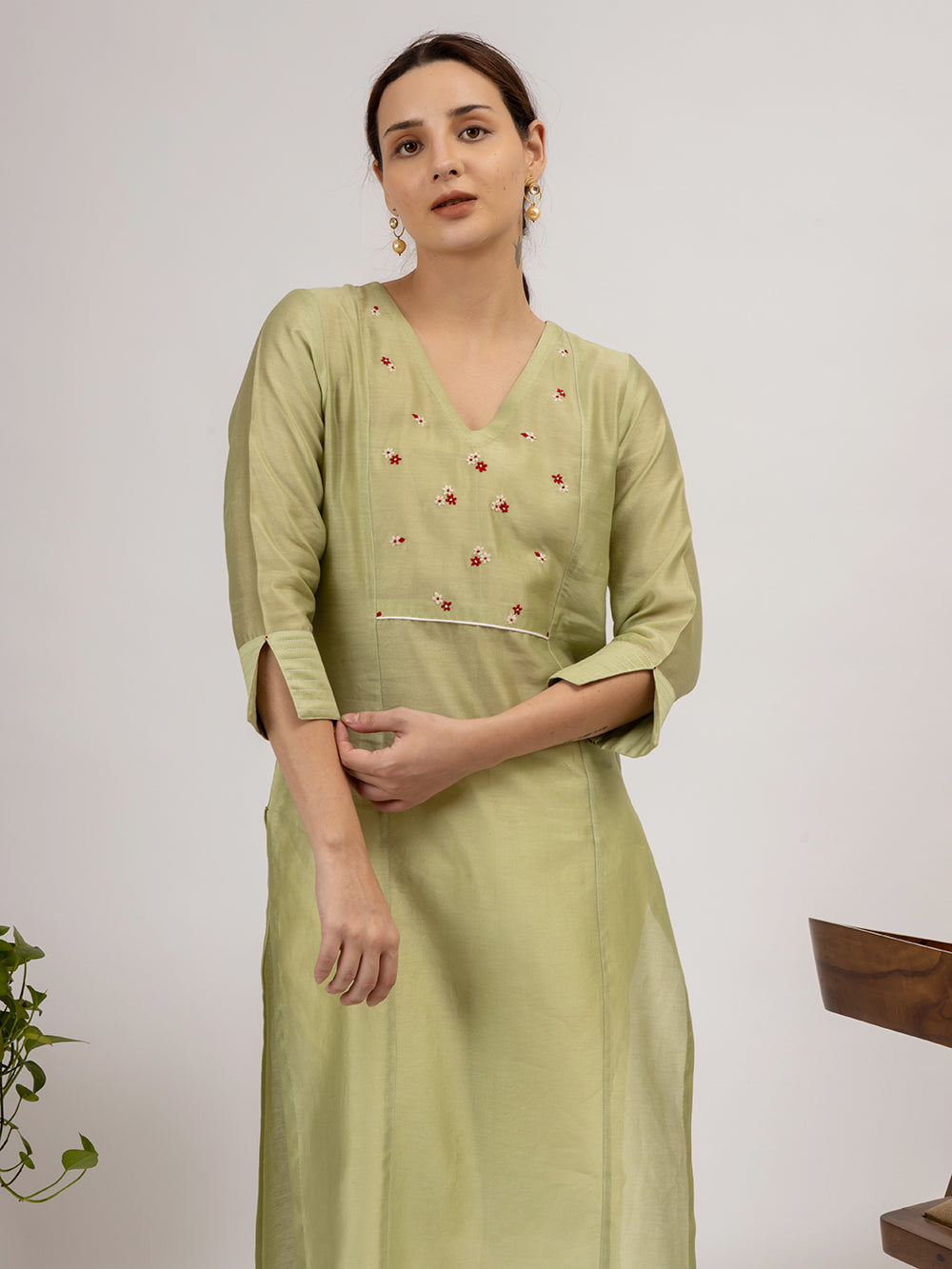 Green Chanderi Embroidered Kurta