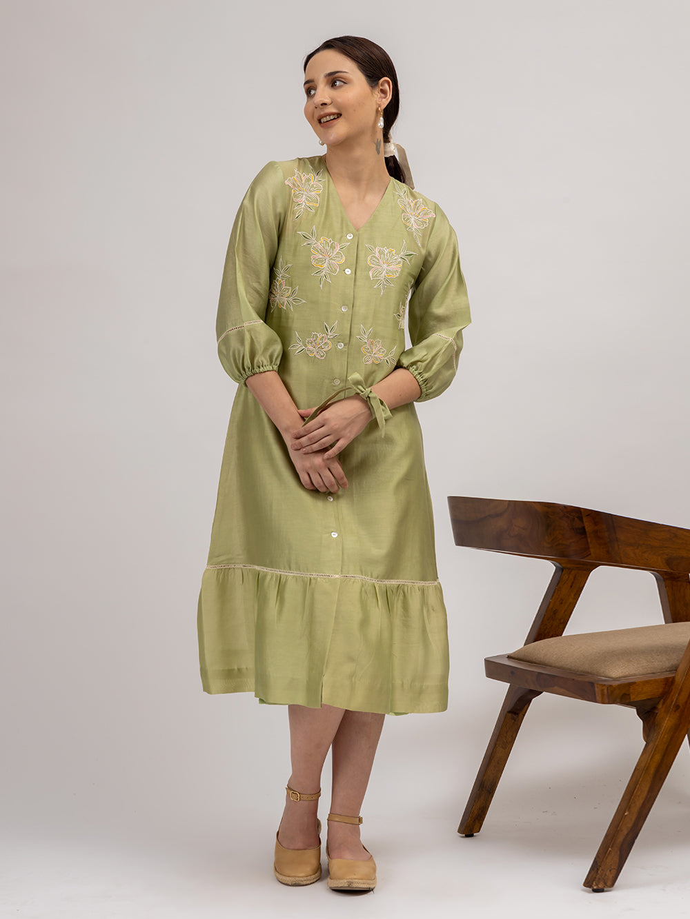 Green Embroidered Chanderi Dress