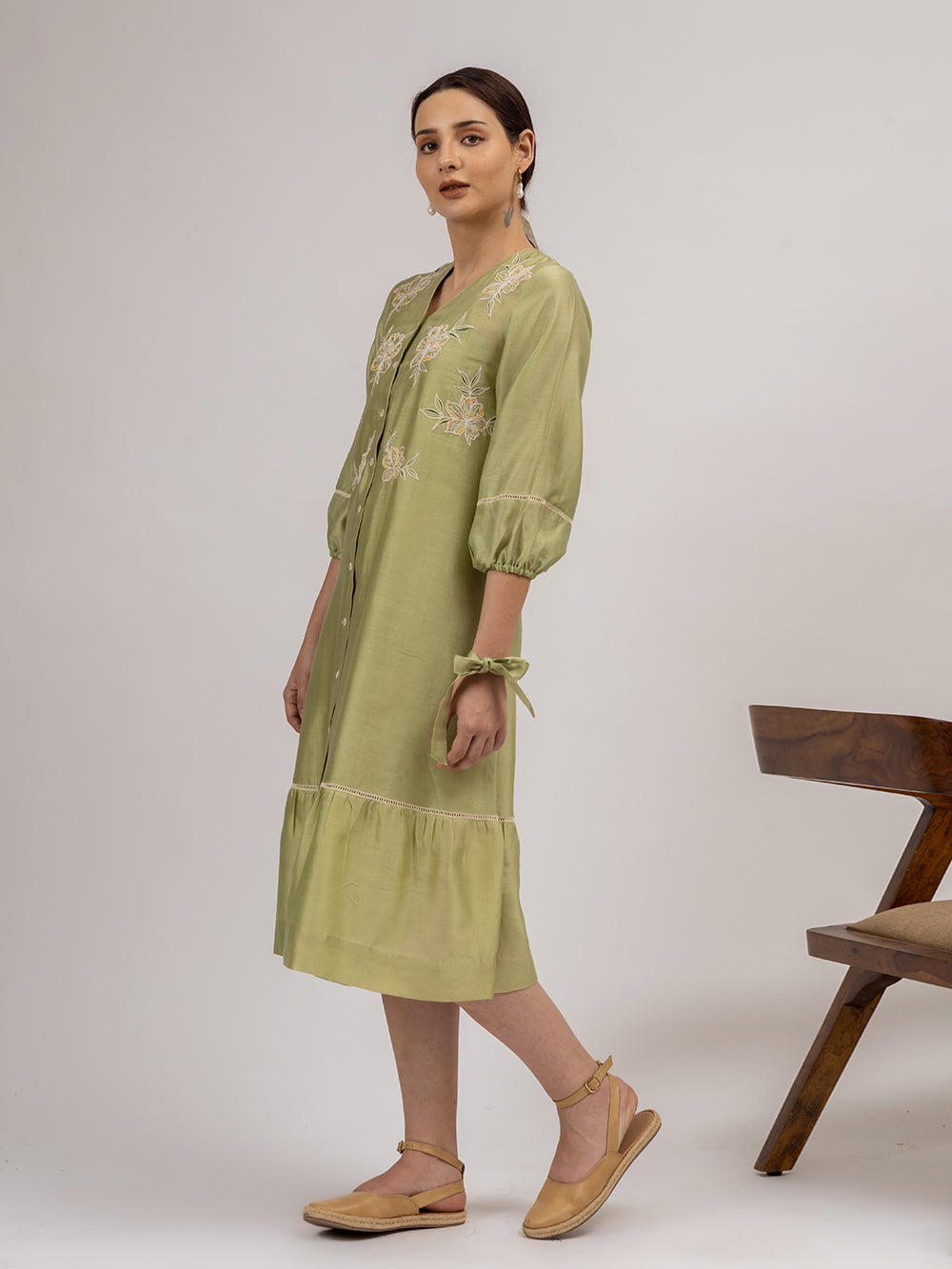 Green Embroidered Chanderi Dress