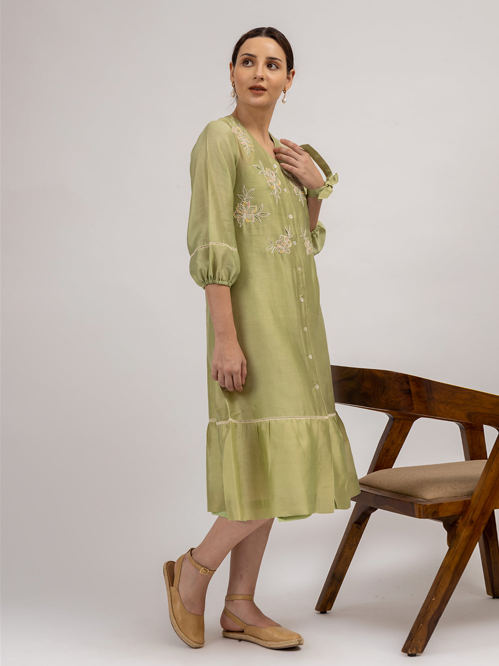 Green Embroidered Chanderi Dress