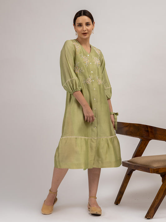 Green Embroidered Chanderi Dress